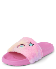 Girls Embroidered Icon Faux Fur Slides