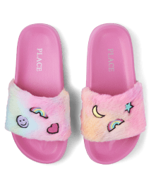 Girls Embroidered Icon Faux Fur Slides