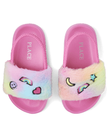Toddler Girls Embroidered Icon Faux Fur Slides