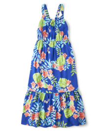 Womens Matching Family Tropical Midi Tiered Dress