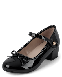 Girls Bow Faux Patent Leather Low Heel Shoes