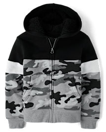 Boys Camo Colorblock  Fleece Sherpa Lined Zip Up Hoodie