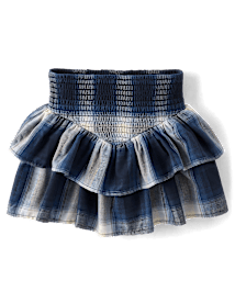 Girls Plaid Twill Smocked Tiered Skirt