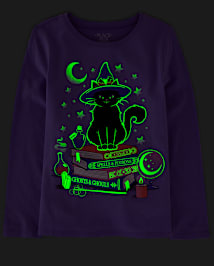 Girls Glow Cat Witch Graphic Tee