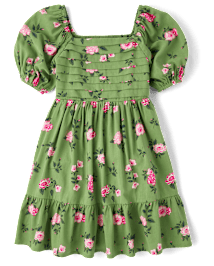 Girls Floral Pleated Ruffle Dress