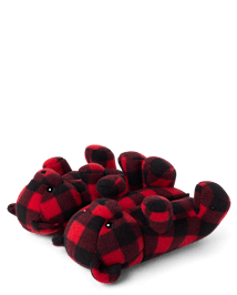 Unisex Kids Matching Family Buffalo Plaid Bear Slippers