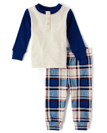 Baby And Toddler Boys Plaid Henley Snug Fit Cotton Pajamas