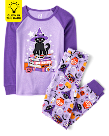 Girls Glow Cat Witch Snug Fit Cotton Pajamas