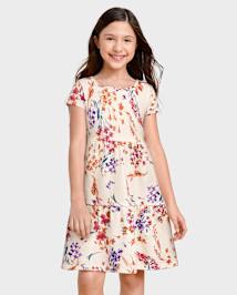 Girls Floral Twist Back Tiered Dress