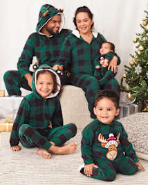 Unisex Baby And Toddler Matching Family Buffalo Plaid Moose Microfleece Footed One Piece Pajamas