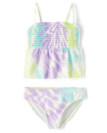 Girls Print Smocked Tankini Swimsuit