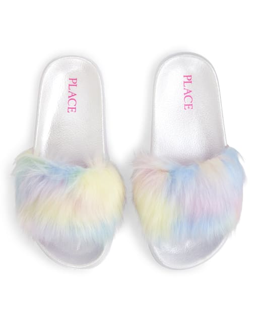 rainbow faux fur slides