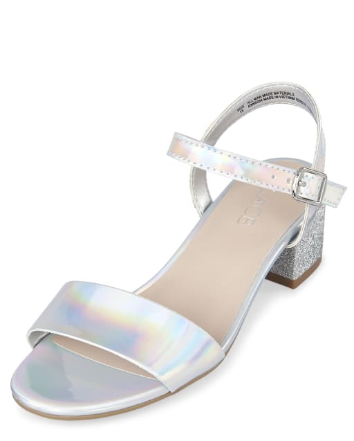 Girls Easter Holographic Glitter Faux Patent Leather Low Heel Sandals