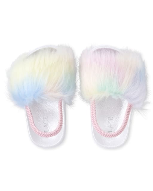 rainbow faux fur slides