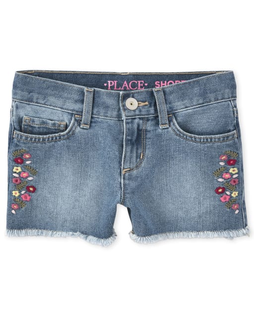 Girls Embroidered Floral Frayed Hem Denim Shortie Shorts