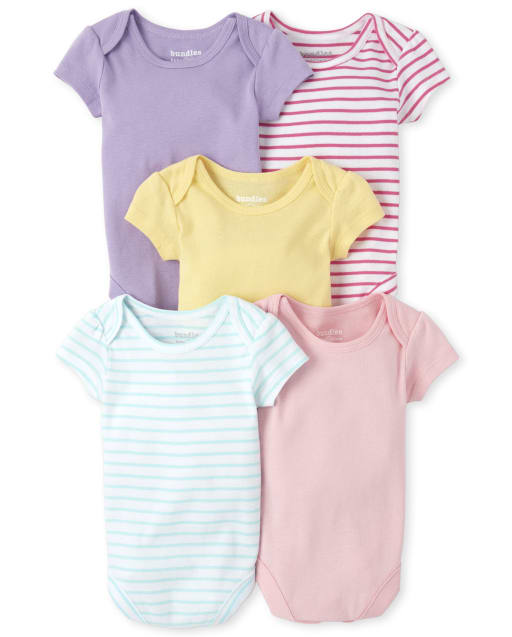 Baby Girls Short Sleeve Striped And Solid Bodysuit 5-Pack