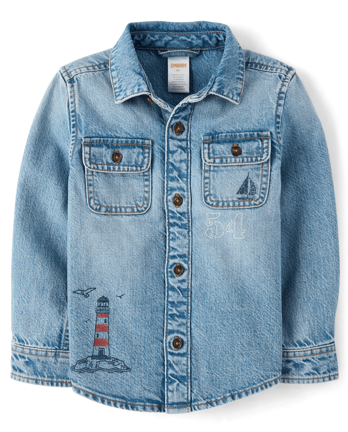 Детские рубашки Gymboree Boys Embroidered Lighthouse Denim Button Up Shirt - Driftwood Bay