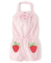 Girls Sleeveless Embroidered Applique Strawberry Seersucker
