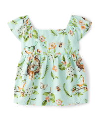 Girls Short Flutter Sleeve Floral Bird Print Empire Babydoll Top ...