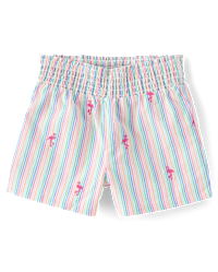 Girls Embroidered Flamingo Seersucker Pull On Shorts - Seaside