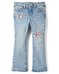 Girls Embroidered Floral Flare Jeans - Enchanted Garden - BLUE
