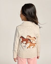 Girls Long Sleeve Embroidered Horse Shawl Cardigan - Blue Sky