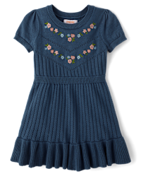 Girls Short Sleeve Embroidered Floral Peplum Sweater Dress - Blue
