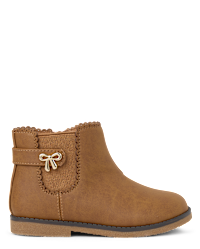 Girls Bow Scalloped Booties - Little Essentials - tan