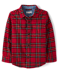 Boys Plaid Flannel Long Sleeve Button Front Woven Shirt - red