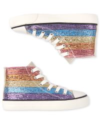 ラッキーツアーズ Girls Glitter Rainbow Striped Faux Leather Hi Top Sneakers