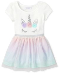 Baby And Toddler Girls Short Sleeve Glitter Unicorn Knit To Woven Tutu Dress The Children s Place SIMPLYWHT