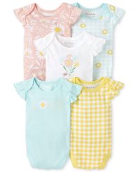 Baby Girls Short Flutter Sleeve Daisy And Gingham Print Bodysuit 5-Pack ...