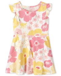 Baby And Toddler Girls Short Flutter Sleeve Floral Print Knit Skater ...