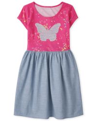 Girls Short Sleeve Flip Sequin Butterfly Splatter Paint Graphic Chambray Skirt Knit To Woven Dress NEON BERRY The Children s Place