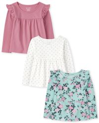 Toddler Girls Long Sleeve Solid Floral And Dot Print Ruffle