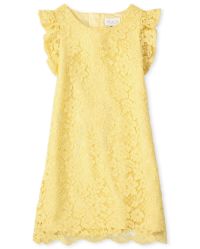 Girls Short Flutter Sleeve Lace Shift Dress - YELLOW | The
