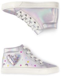 Girls Confetti Shaker Glitter Heart Faux Leather Hi Top Sneakers SILVER The Children s Place