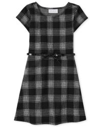 Girls Short Sleeve Plaid Knit Stretch Jacquard Dress | The Children's Place  - BLACK