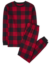 Family Pajamas Men's Lightweight Thermal Waffle Buffalo Check Pajama  Shirt-Red
