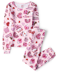 Girls Long Sleeve Valentine s Day Doodle Snug Fit Cotton Pajamas