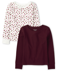 Girls Floral Print And Solid Knit Thermal Top 2-Pack