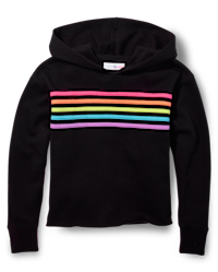 Teen Girls Long Sleeve Rainbow Striped Cropped Cozy Hoodie - BLACK