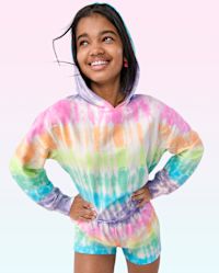 Teen Girls Long Sleeve Tie Dye French Terry Hoodie WHITE The