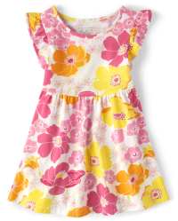 Baby And Toddler Girls Short Flutter Sleeve Floral Print Knit Babydoll ...