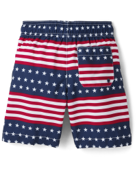 Monday's Child Blue & Red USA Flag Monogram Swim Trunks