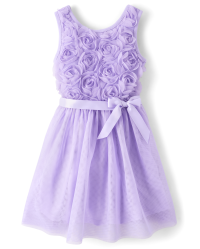 Girls Sleeveless 3D Rosette Mesh Woven Fit And Flare Dress