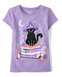 Girls Glow In The Dark Halloween Short Sleeve Cat Witch Graphic Tee ...