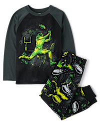 Up-Late Boys Green Fleece Football Themed Footed Pajama Sleeper 4 Up-Late Boys Green Fleece Football Themed Footed Pajama Sleeper 4