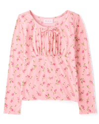 Girls Long Sleeve Floral Ribbed Top - PINK | The Children's Place