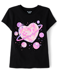 Girls Short Sleeve Space Disco Heart Graphic Tee - BLACK
